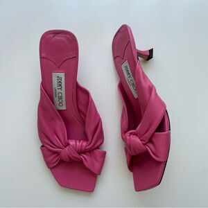 Jimmy Choo Avenue 50 Knotted Leather Sandals Kitten Heel Hot Pink Square Toe 7.5